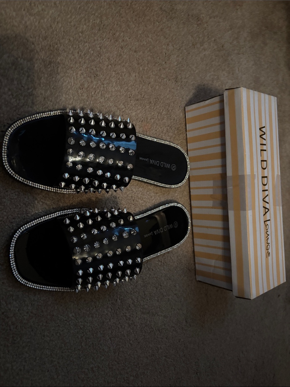 Wild Diva Black Studded Slide Sandals with Rhinestone Trim - Picture 3 of 5